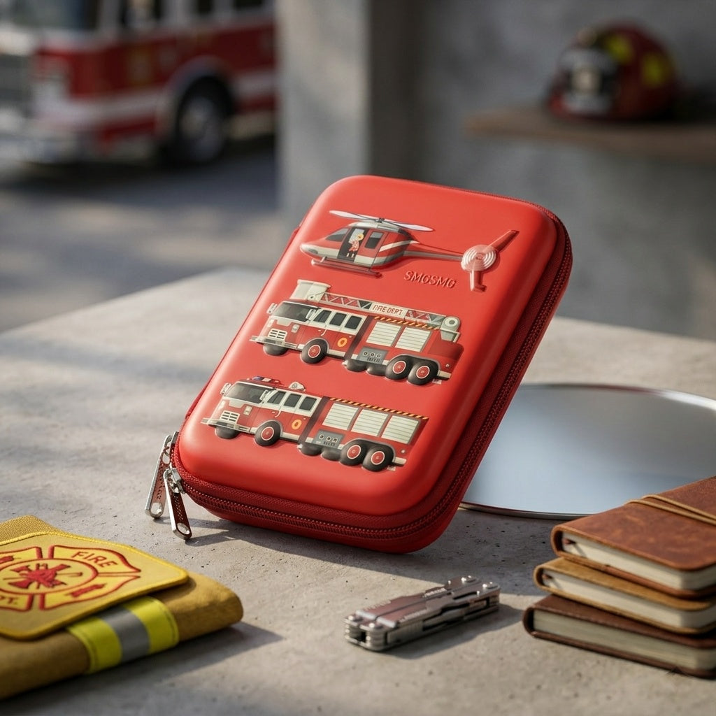 Red hardtop pencil case with fire engine 3D embossed design, closed and zippered